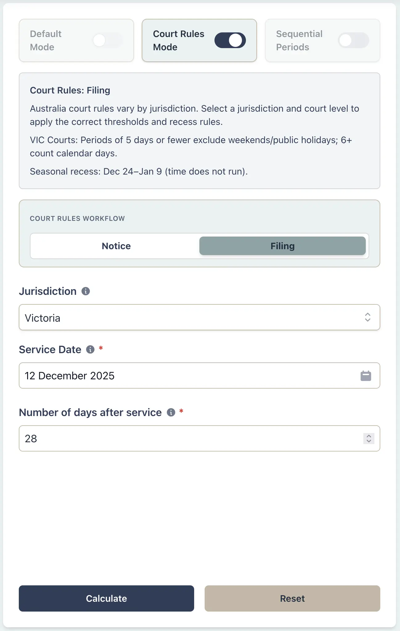 VIC court filing deadline scenario setup