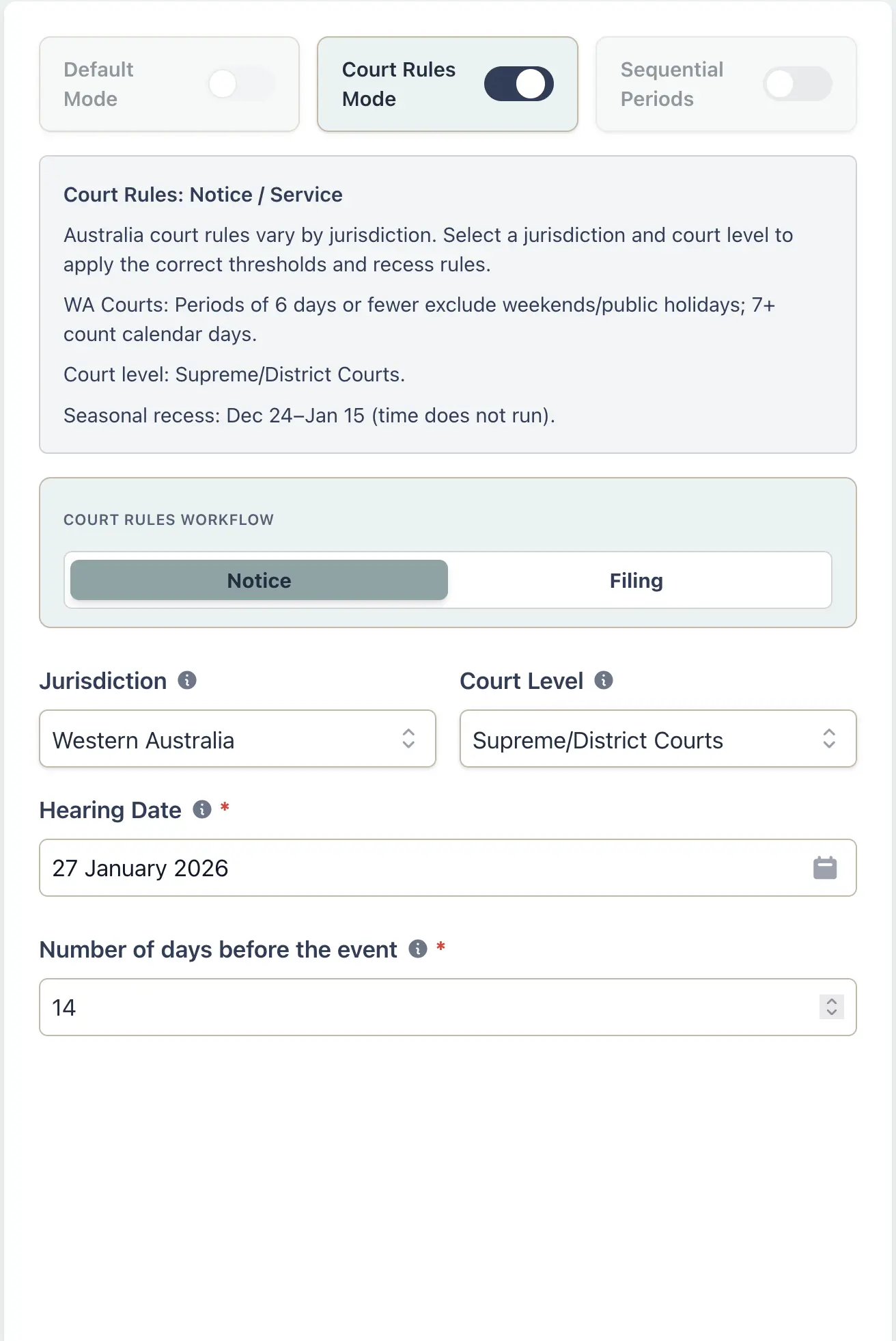 WA court vacation notice scenario setup